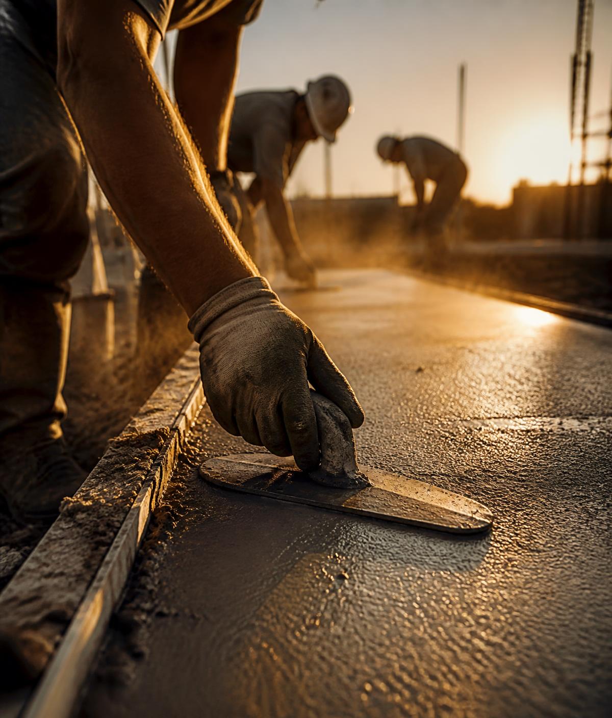Norka Contracting crew hand-finishing a concrete slab at sunset